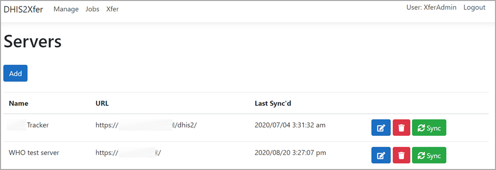 DHIS2Xfer Manage Servers Screenshot